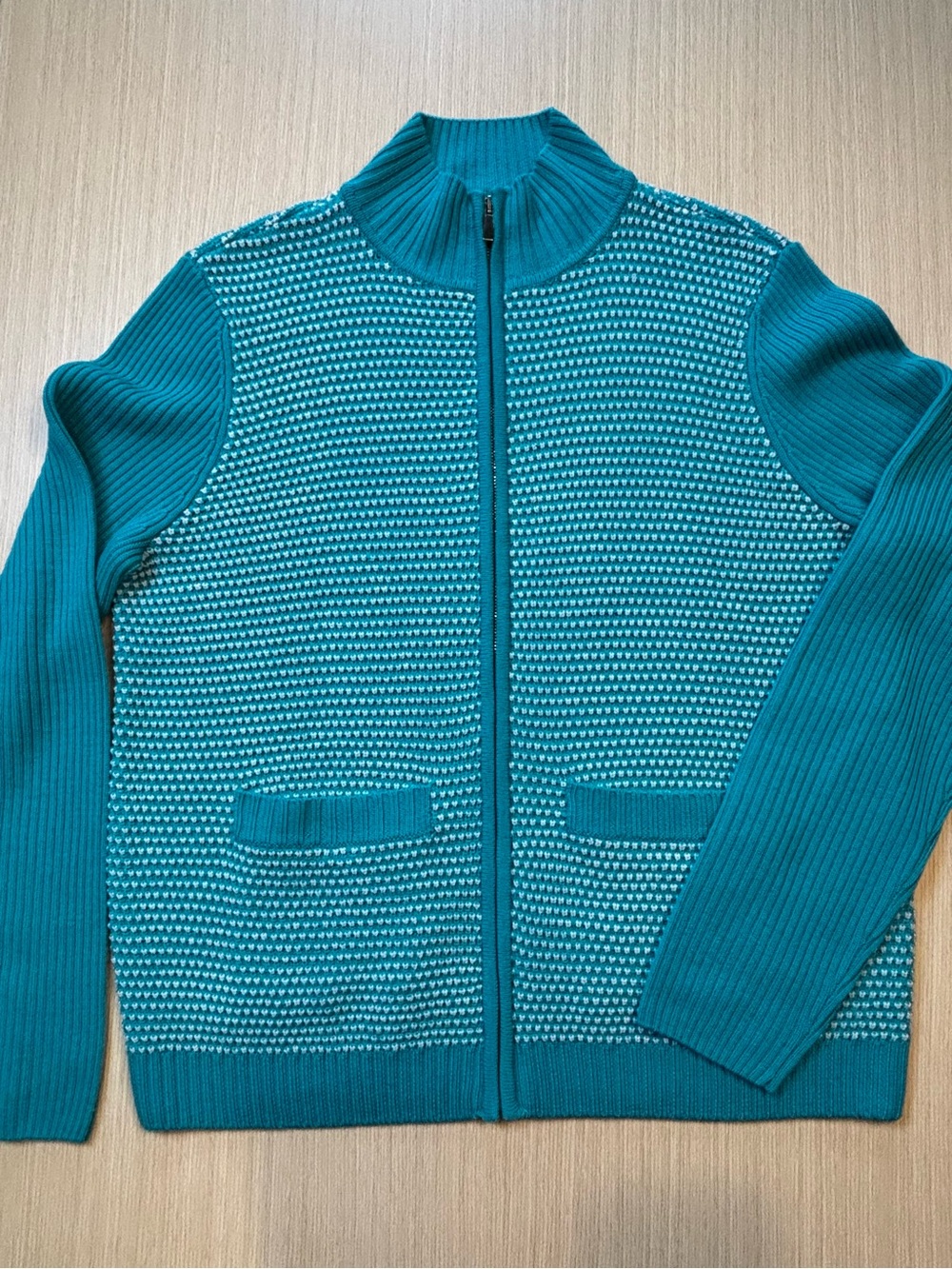 St. John Wool Full Zip Mock Neck Cardigan Sweater VTG Sz L Teal Turquoise